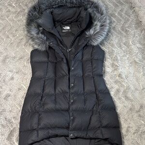 The North Face Charcoal Puffer Vest with Faux Fur Hood